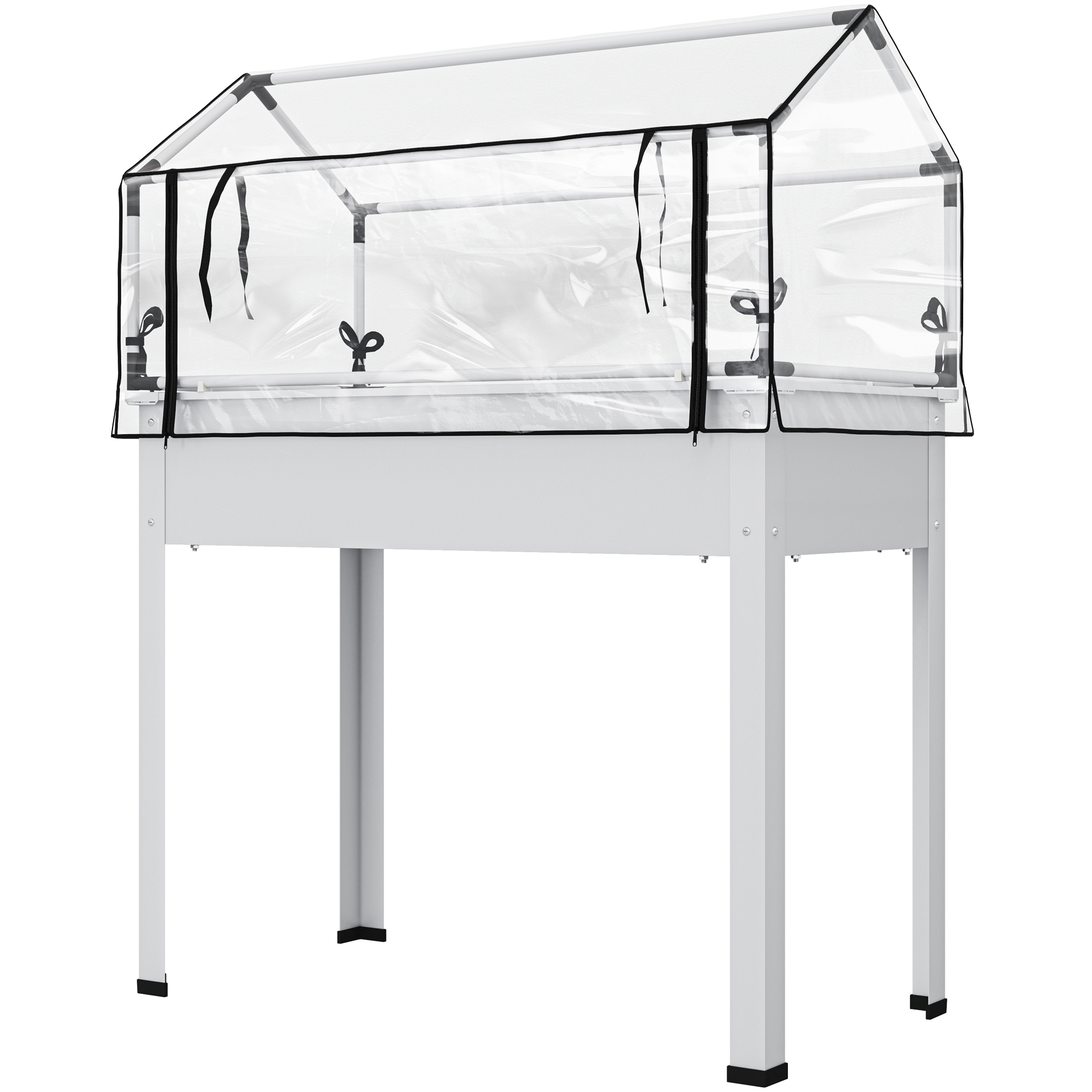 Elevated Garden Box with Greenhouse Cover, Raised Garden Bed with Legs and Drainage Hole for Vegetables, White