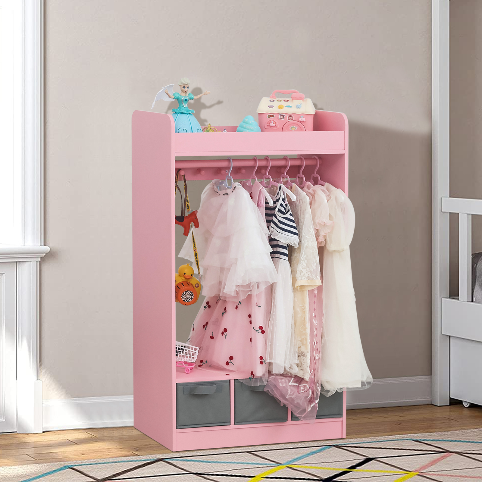 Kids Costume Organizer、 Costume Rack、Kids Armoire、Open Hanging Armoire Closet with Mirror-PINK